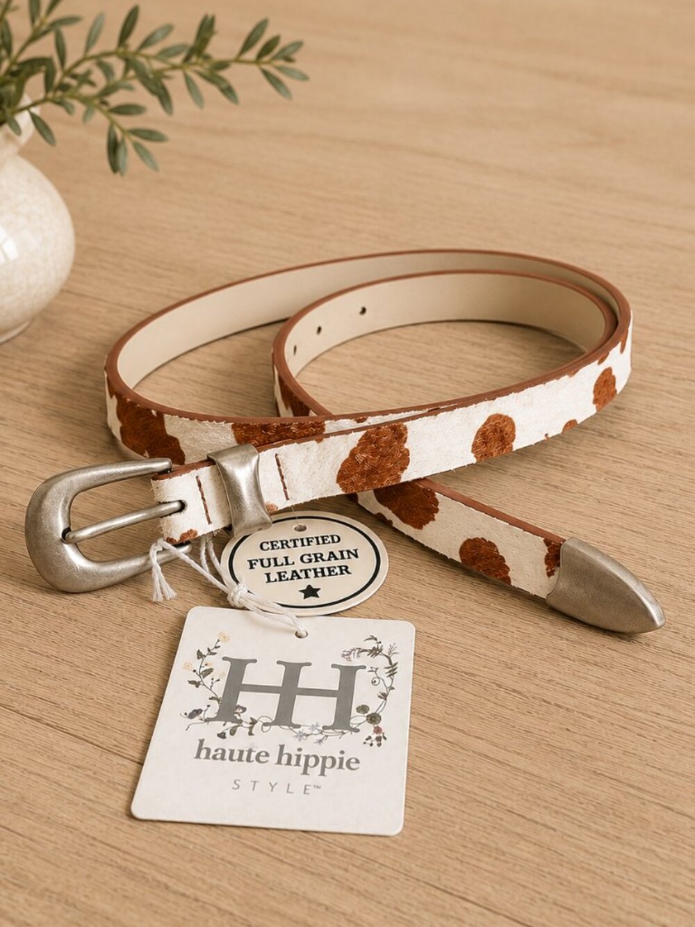 Haute Hippie Hair-On Cowhide Leather Western Belt Brown White NWT Medium